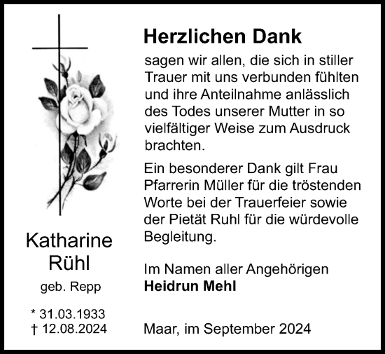 Traueranzeige von Katharine Rühl von Lauterbacher Anzeiger