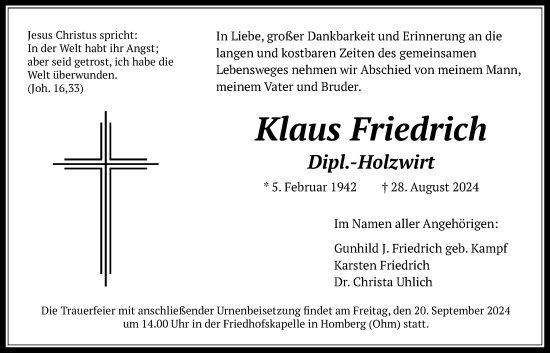 Traueranzeige von Klaus Friedrich von Oberhessische Zeitung, Alsfelder Allgemeine