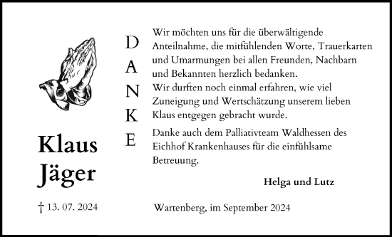 Traueranzeige von Klaus Jäger von Lauterbacher Anzeiger