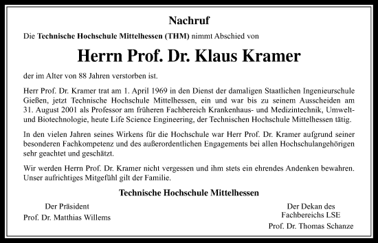 Traueranzeige von Klaus Kramer von Giessener Allgemeine, Alsfelder Allgemeine