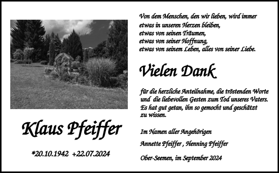 Traueranzeige von Klaus Pfeiffer von Kreis-Anzeiger