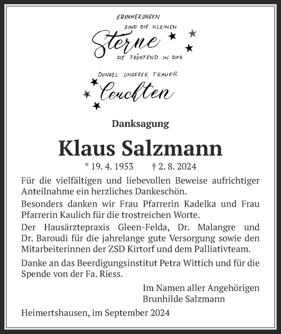 Traueranzeige von Klaus Salzmann von Oberhessische Zeitung