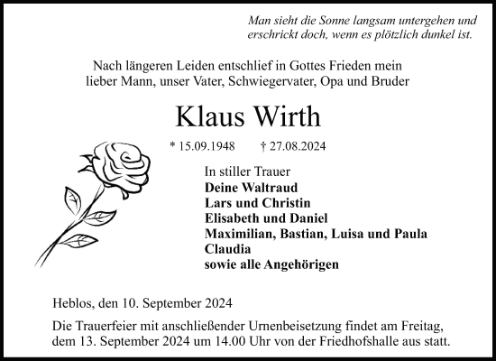 Traueranzeige von Klaus Wirth von Lauterbacher Anzeiger