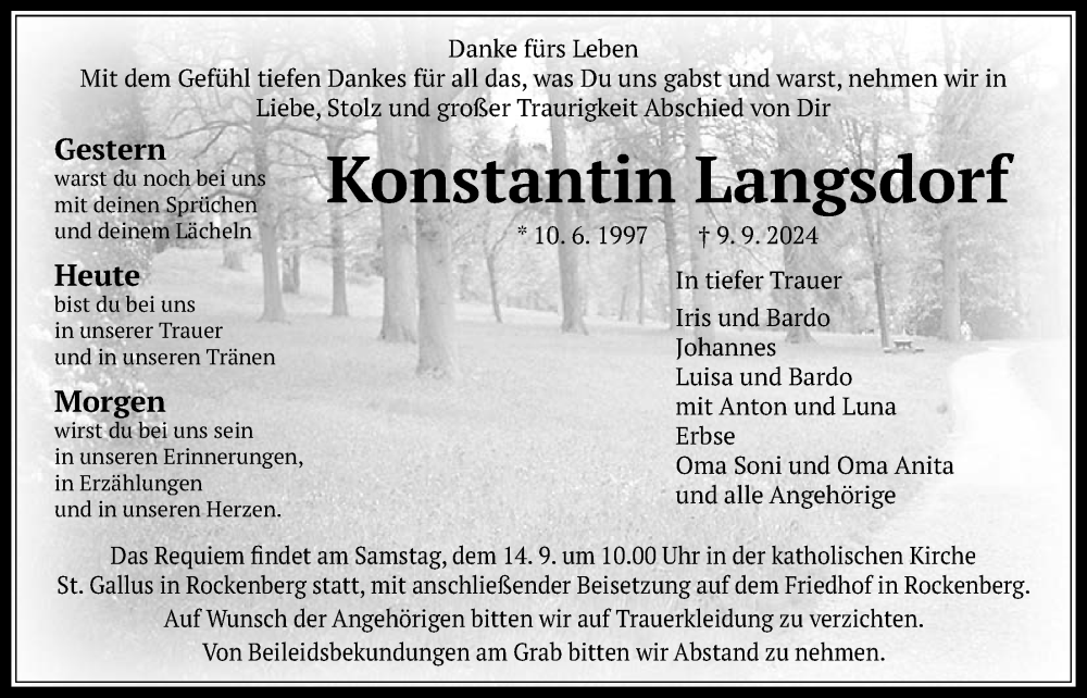  Traueranzeige für Konstantin Langsdorf vom 12.09.2024 aus Wetterauer Zeitung, Butzbacher Zeitung