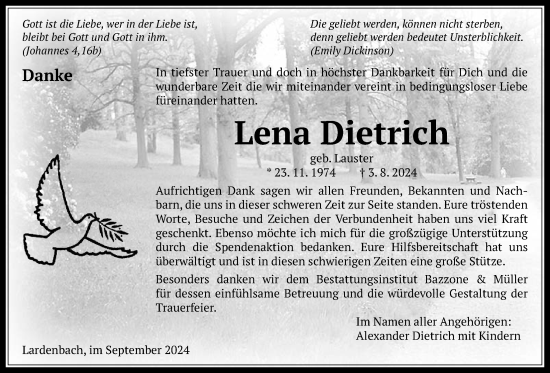 Traueranzeige von Lena Dietrich von Giessener Allgemeine, Alsfelder Allgemeine, Laubacher Anzeiger