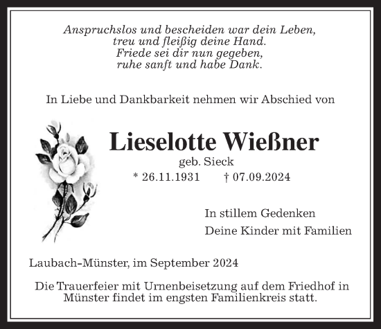 Traueranzeige von Lieselotte Wießner von Laubacher Anzeiger