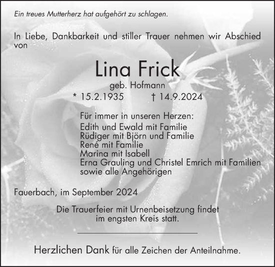 Traueranzeige von Lina Frick von Kreis-Anzeiger