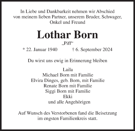 Traueranzeige von Lothar Born von Butzbacher Zeitung, Wetterauer Zeitung