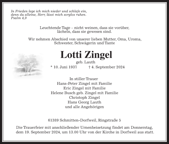 Traueranzeige von Lotti Zingel von Usinger Anzeiger