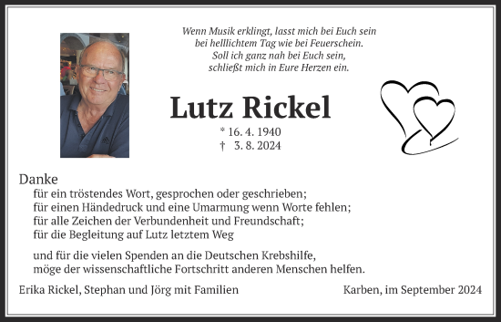 Traueranzeige von Lutz Rickel von Wetterauer Zeitung