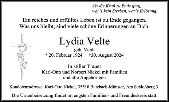 Traueranzeige von Lydia Velte von Usinger Anzeigenblatt
