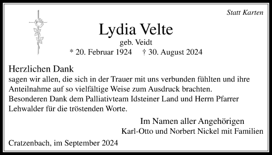 Traueranzeige von Lydia Velte von Usinger Anzeigenblatt