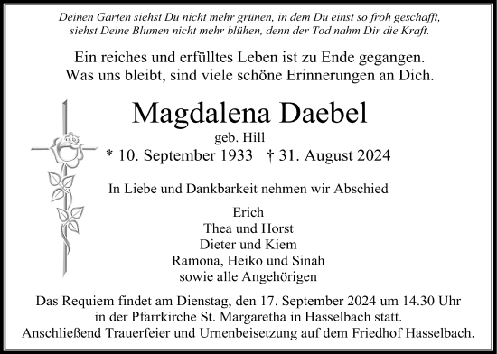 Traueranzeige von Magdalena Daebel von Usinger Anzeigenblatt