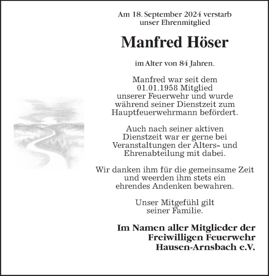 Traueranzeige von Manfred Höser von Usinger Anzeiger