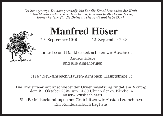 Traueranzeige von Manfred Höser von Usinger Anzeiger, Usinger Anzeigenblatt