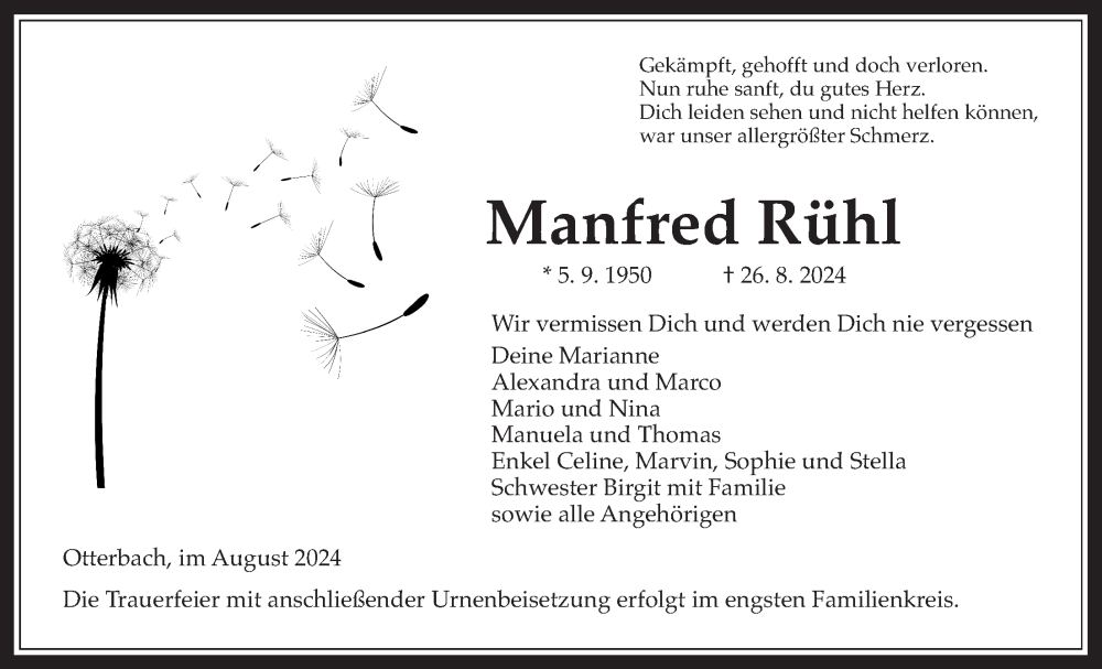  Traueranzeige für Manfred Rühl vom 06.09.2024 aus Giessener Allgemeine, Alsfelder Allgemeine