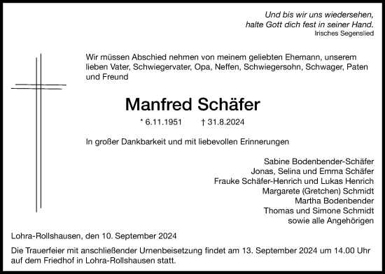 Traueranzeige von Manfred Schäfer von Giessener Anzeiger