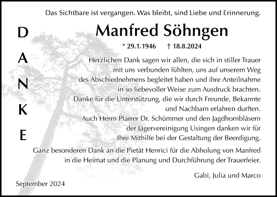 Traueranzeige von Manfred Söhngen von Usinger Anzeiger, Usinger Anzeigenblatt