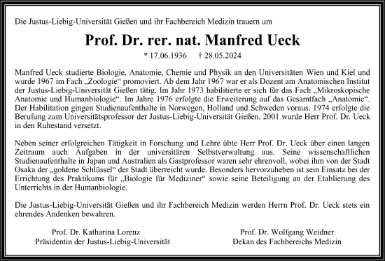 Traueranzeige von Manfred Ueck von Giessener Allgemeine, Alsfelder Allgemeine, Giessener Anzeiger