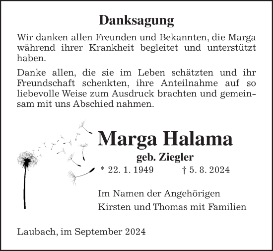Traueranzeige von Marga Halama von Laubacher Anzeiger