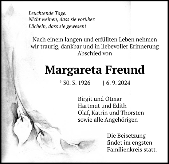 Traueranzeige von Margareta Freund von Giessener Allgemeine, Alsfelder Allgemeine, Giessener Anzeiger