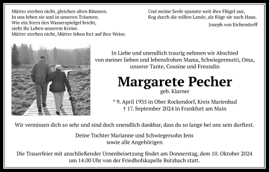 Traueranzeige von Margarete Pecher von Butzbacher Zeitung