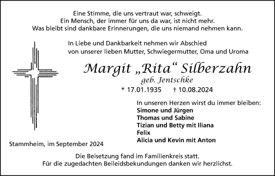 Traueranzeige von Margit Silberzahn von Wetterauer Zeitung