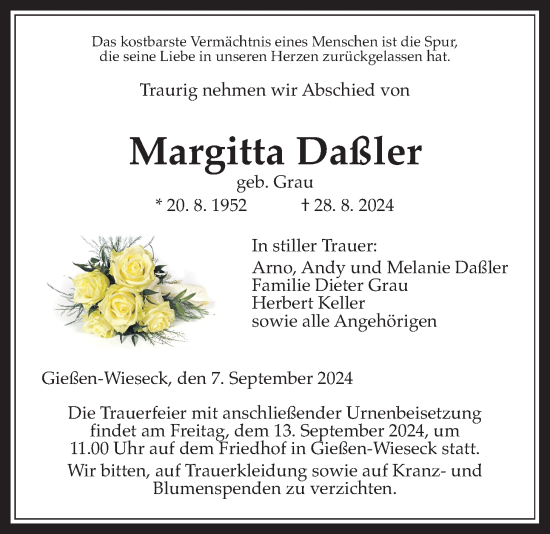 Traueranzeige von Margitta Daßler von Giessener Allgemeine, Alsfelder Allgemeine