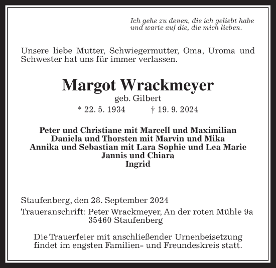 Traueranzeige von Margot Wrackmeyer von Giessener Allgemeine, Alsfelder Allgemeine