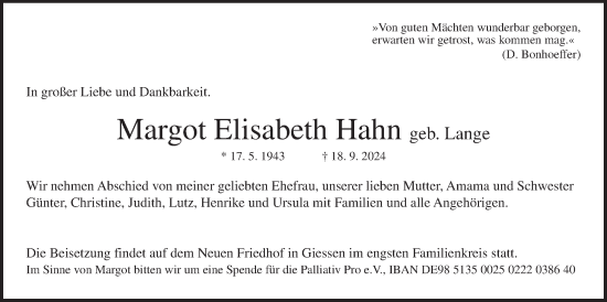 Traueranzeige von Margot Elisabeth Hahn von Giessener Allgemeine, Alsfelder Allgemeine