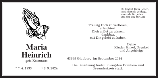 Traueranzeige von Maria Heinrich von Kreis-Anzeiger