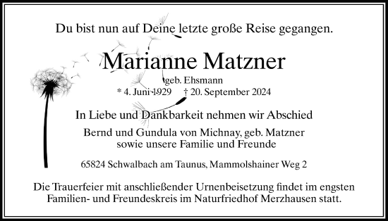 Traueranzeige von Marianne Matzner von Usinger Anzeigenblatt