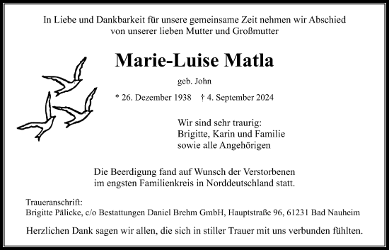 Traueranzeige von Marie-Luise Matla von Wetterauer Zeitung