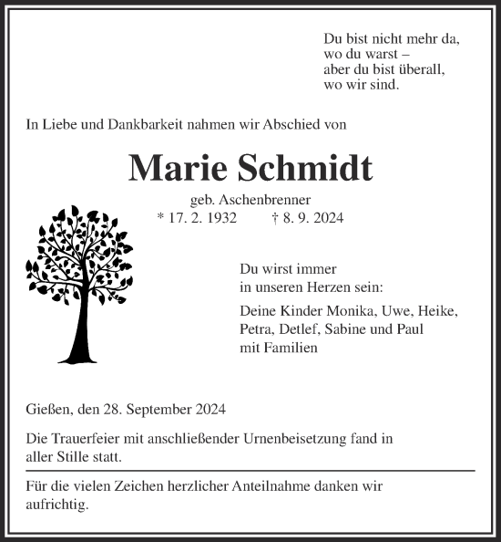 Traueranzeige von Marie Schmidt von Giessener Allgemeine, Alsfelder Allgemeine