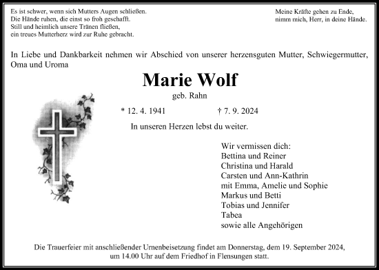 Traueranzeige von Marie Wolf von Mücker Stimme