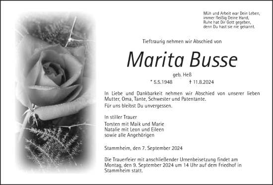 Traueranzeige von Marita Busse von Wetterauer Zeitung