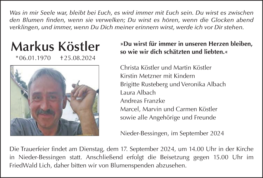  Traueranzeige für Markus Köstler vom 12.09.2024 aus Licher Wochenblatt