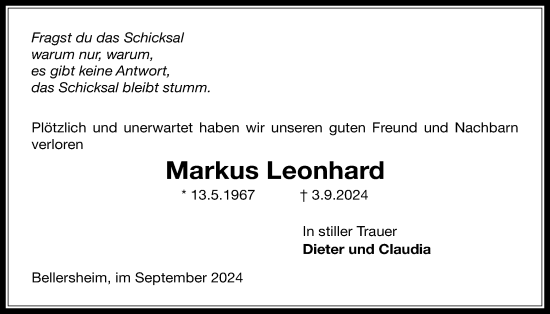 Traueranzeige von Markus Leonhard von Licher Wochenblatt