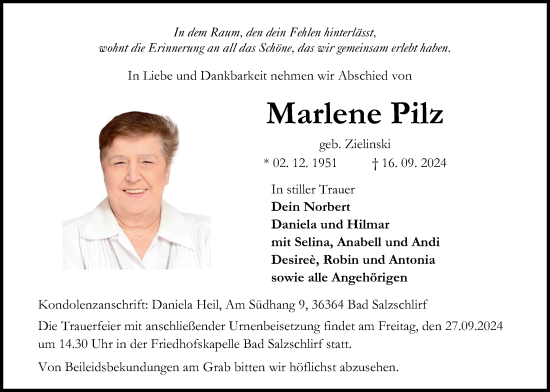 Traueranzeige von Marlene Pilz von Lauterbacher Anzeiger