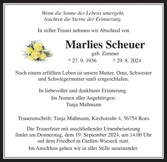 Traueranzeige von Marlies Scheuer von Giessener Anzeiger, Giessener Allgemeine, Alsfelder Allgemeine