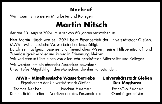 Traueranzeige von Martin Nitsch von Giessener Anzeiger, Giessener Allgemeine, Alsfelder Allgemeine
