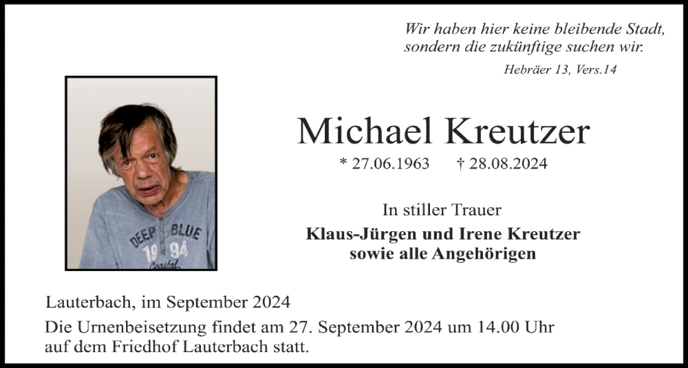  Traueranzeige für Michael Kreutzer vom 21.09.2024 aus Lauterbacher Anzeiger