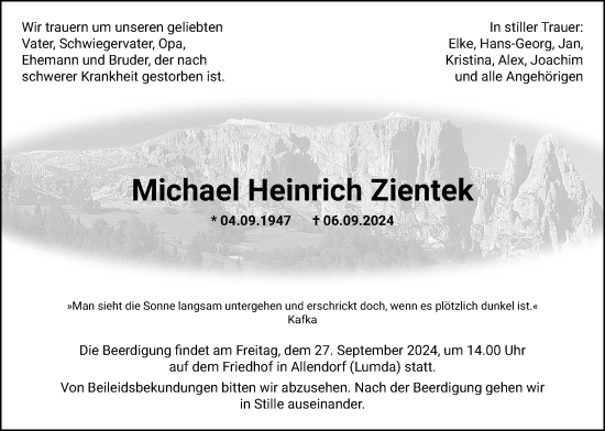 Traueranzeige von Michael Heinrich Zientek von Allendorfer Mitteilungen, Rabenauer Zeitung