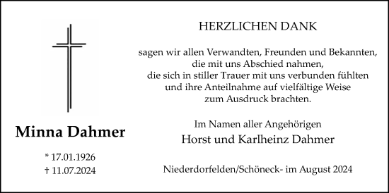 Traueranzeige von Minna Dahmer von Bad Vilbel/Karben