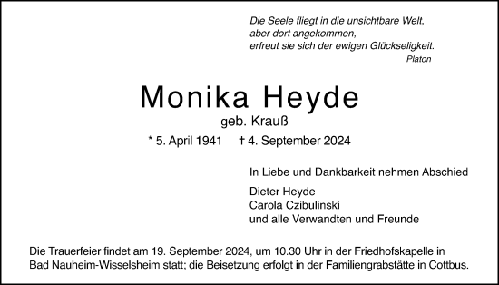 Traueranzeige von Monika Heyde von Wetterauer Zeitung