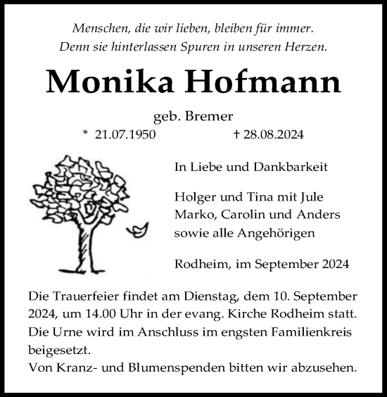 Traueranzeige von Monika Hofmann von Giessener Allgemeine, Alsfelder Allgemeine