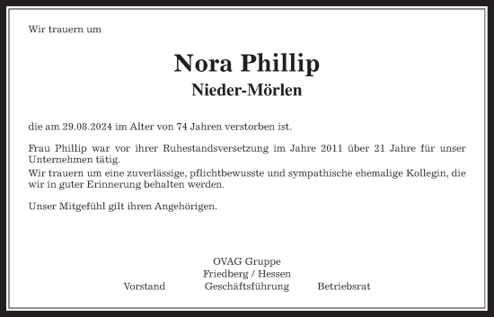 Traueranzeige von Nora Phillip von Wetterauer Zeitung