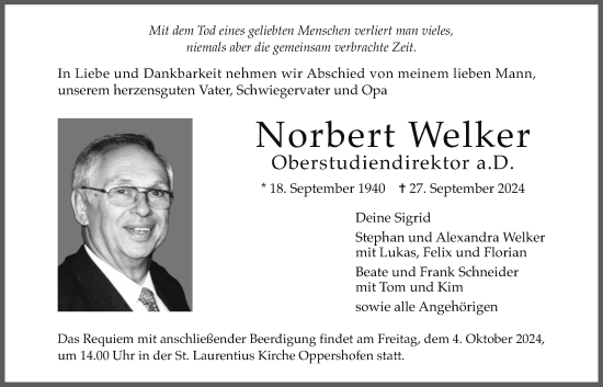 Traueranzeige von Norbert Welker von Wetterauer Zeitung, Butzbacher Zeitung