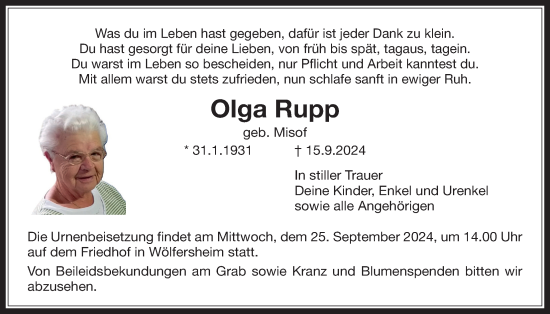 Traueranzeige von Olga Rupp von Licher Wochenblatt