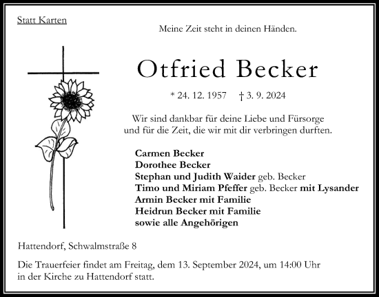 Traueranzeige von Otfried Becker von Oberhessische Zeitung
